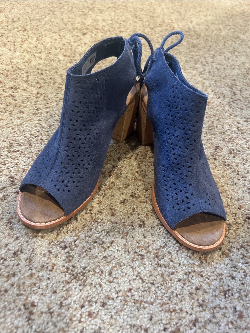 Toms Navy Suede Peep-Toe Block Heel Sandals